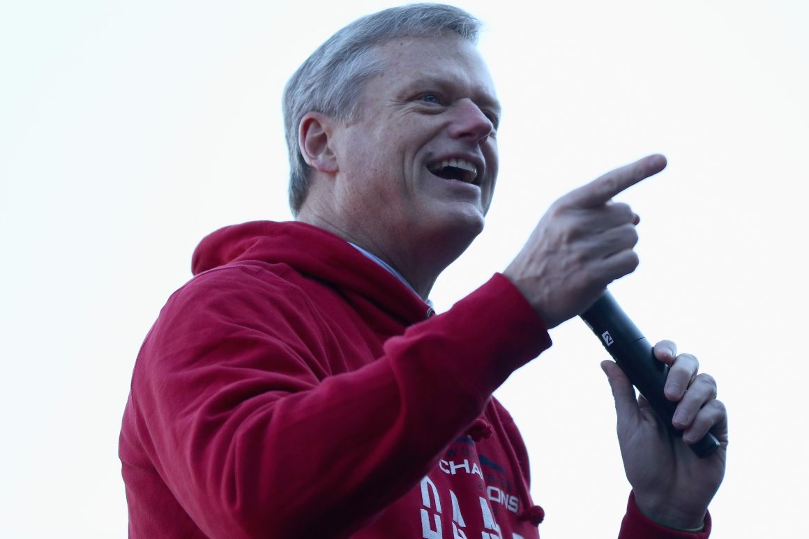 Governor of Massachusetts Charlie Baker address fans at Fenway Park before the Boston Red Sox Victory Parade on Oct. 31, 2018 in Boston, Massachusetts. 
