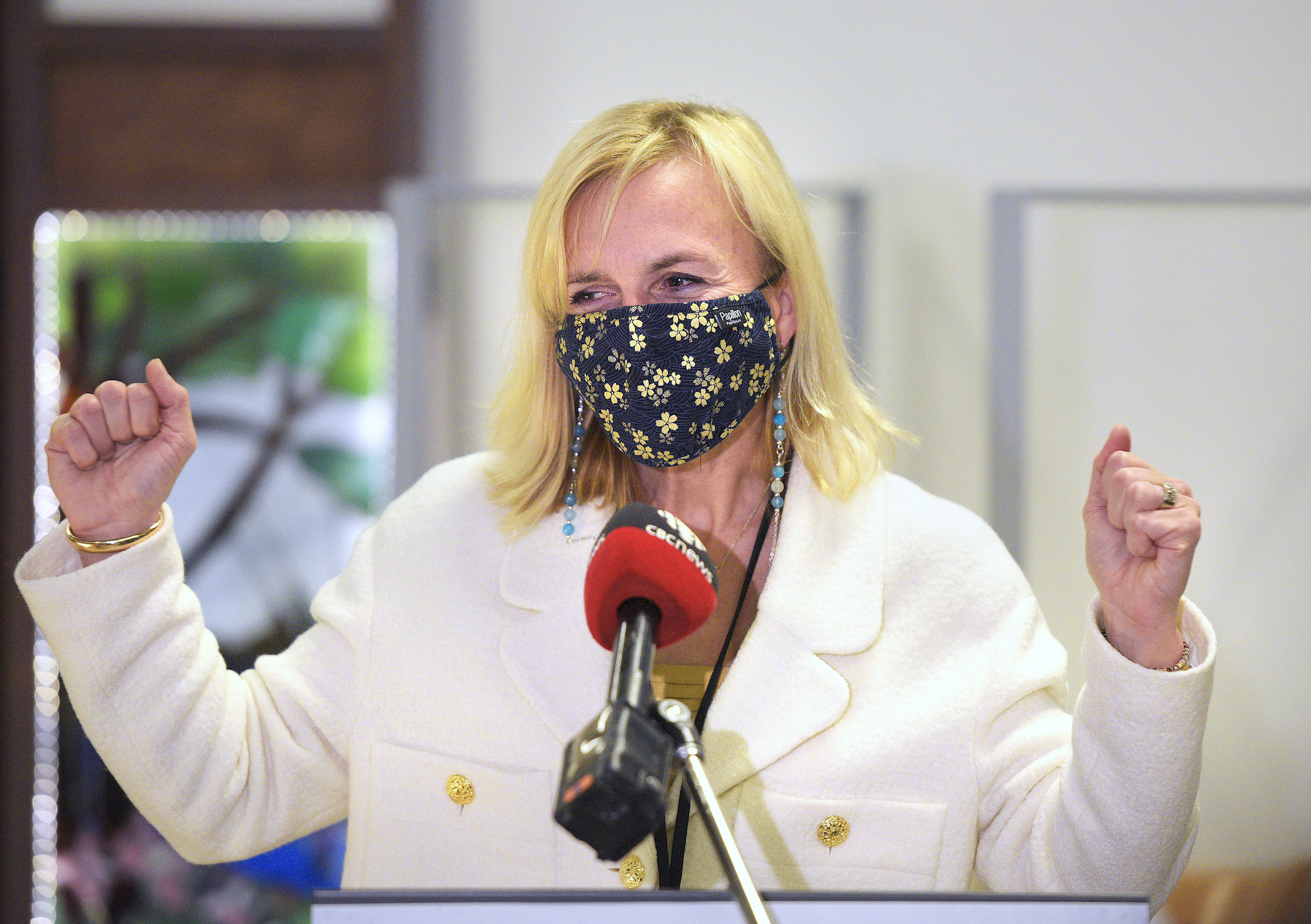 Dr. Heather Morrison cheers during a press conference following the first COVID-19 vaccinations in Prince Edward Island on Dec. 16.