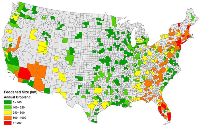 Figure showing foodshed size of metropolitan areas (Map credit: Gerald J. and Dorothy R. Friedman School of Nutrition Science and Policy at Tufts University)