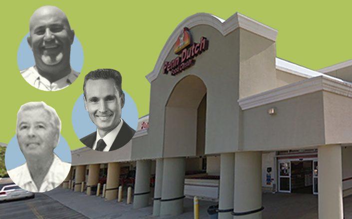 From top: Ruben Lujo from Broward Meat, SunCap's Scott Auker and Ross Realty's Barry Ross with Penn Dutch Plaza shopping center in Margate (Linkedin, Google Maps)