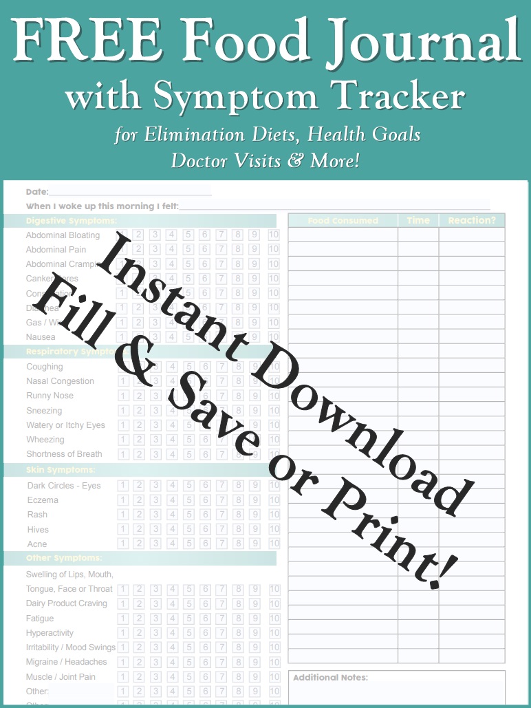 Free Food Journal! With detailed symptom tracker. Electronic - you can fill, save, and email it on your phone, tablet or computer! Or print it out! Great for Elimination Diets, Health Goals, Doctor and Dietitian Appointments, and More. 