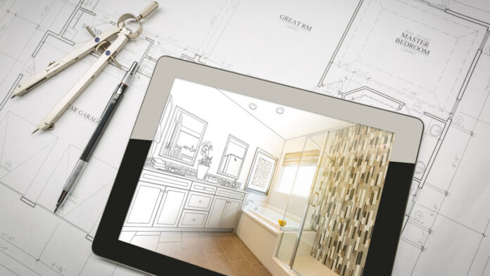 Computer Tablet with Master Bathroom Design Over House Plans, Pencil and Compass. remodeling