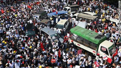 Protesters gather for a demonstration against the military coup in Yangon on February 22.