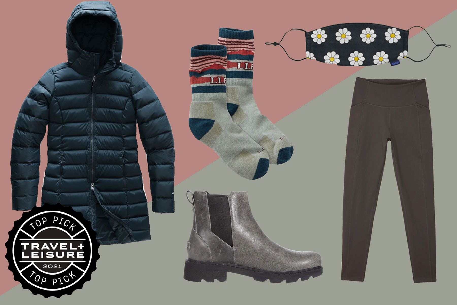 Winter coat, leggings, socks, chelsea boots, face mask