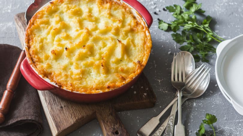 Shepherds Pie Clay Pan Forks Spoons Potatoes