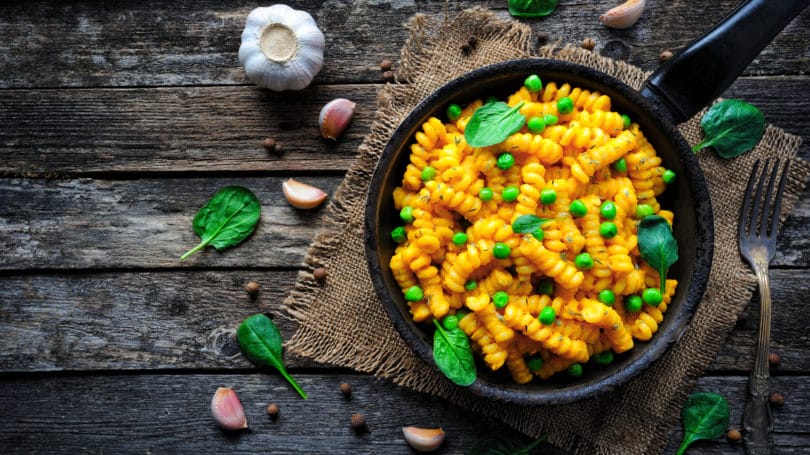 Mac And Cheese With Pease Cheese Pan Fork Garlic Basil Spinach