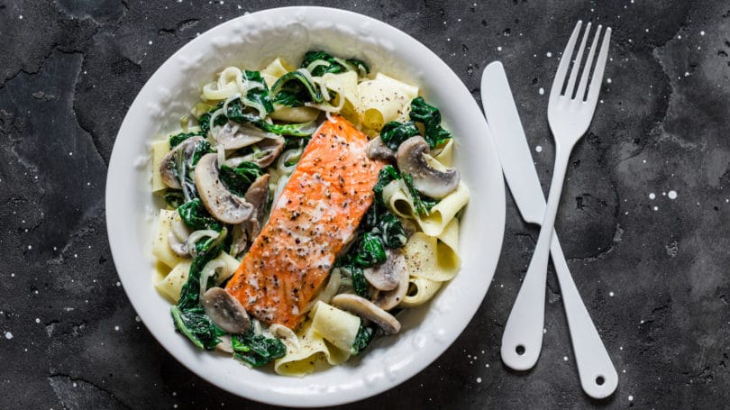 Pasta With Salmon Mushroom Spinach Knife Fork Creamy Sauce
